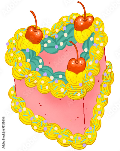 Pink heart cake. Heart shape delicious pink cake with yellow cream decoration top with cherry illustration. Design for icon, Birthday cards, banners, backgrounds. 