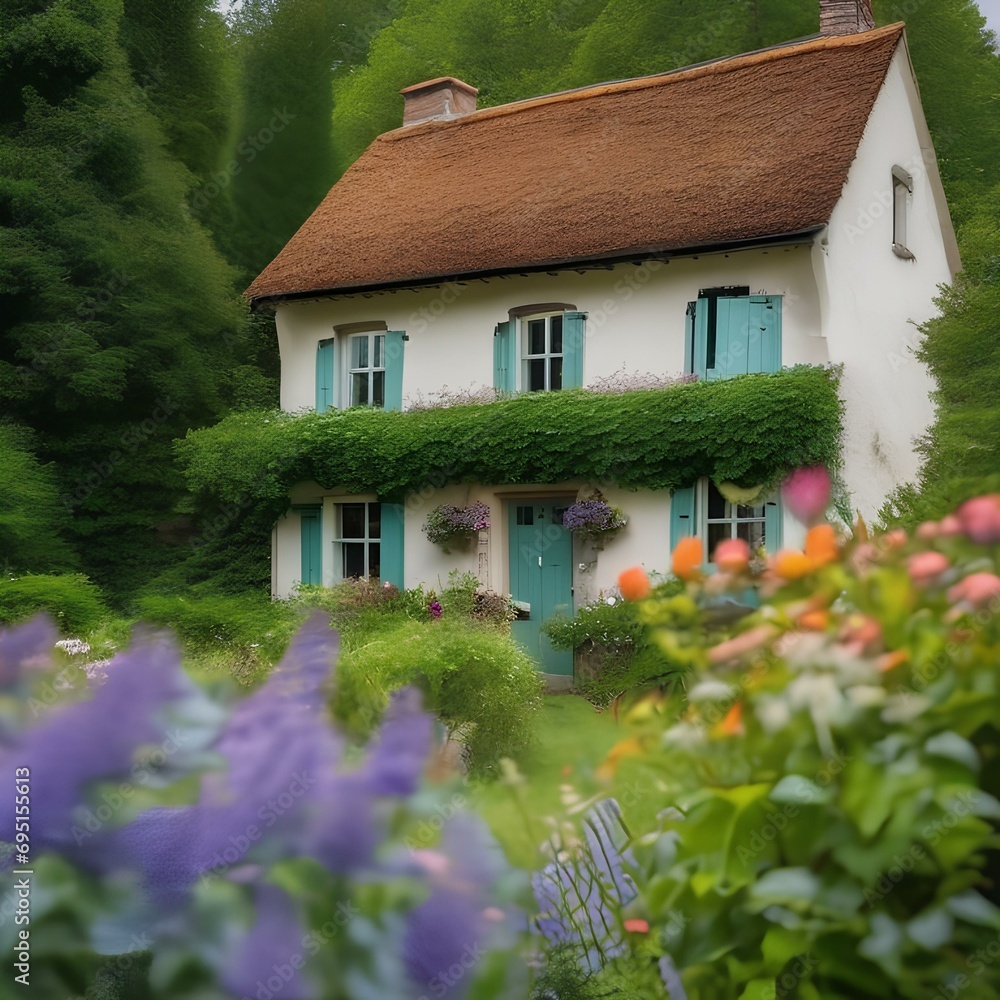 A quaint cottage covered in ivy and surrounded by vibrant wildflowers1