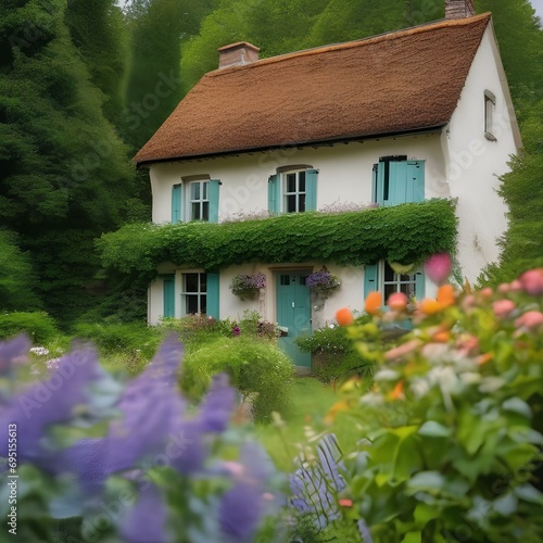 A quaint cottage covered in ivy and surrounded by vibrant wildflowers1