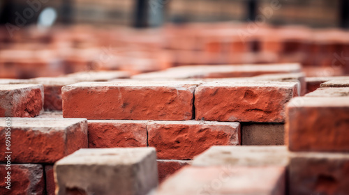 Red bricks stacked close up. Building materials for construction