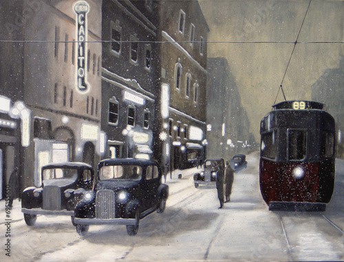 A snowy winter night in the 1930s on Winnipeg's Portage Avenue.  