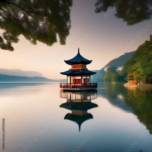 A serene pagoda overlooking a calm lake1
