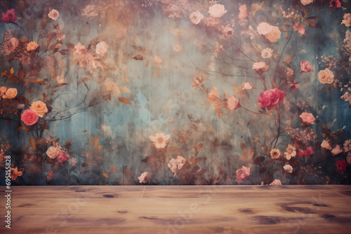 テーブル、クラシカルな花柄の壁紙 photo
