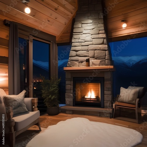 A cozy fireplace in a cabin during a snowy night2 photo