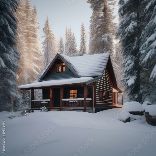 A cozy cabin covered in snow, nestled in the middle of a winter forest2 photo