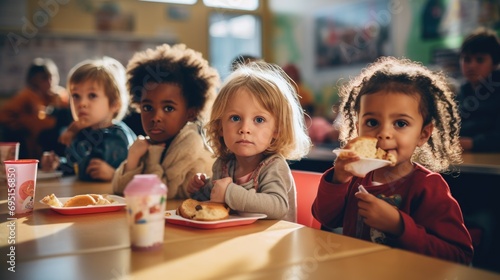 Group of child sitting in the school cafeteria eating lunch. photo