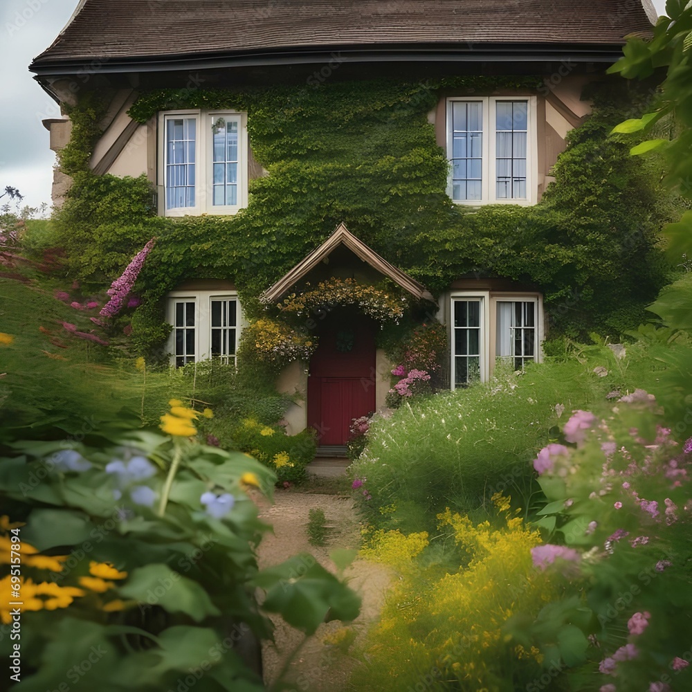A quaint cottage covered in ivy and surrounded by vibrant wildflowers2