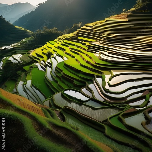 A peaceful rice terrace nestled among majestic mountains1 photo