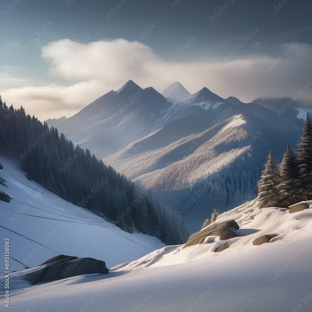 A serene mountain pass with snow-capped peaks1 - obrazy, fototapety, plakaty 