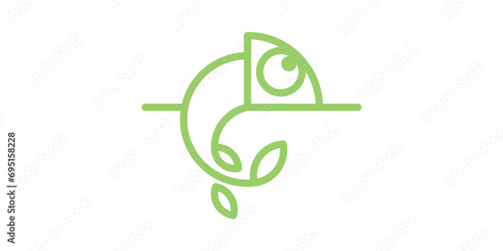 Naklejka premium chameleon logo design with plants, minimalist line logo, icon, vector, symbol.
