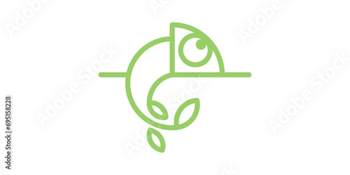 chameleon logo design with plants, minimalist line logo, icon, vector, symbol.