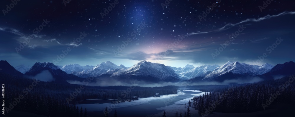 Starry sky over snowy mountains at night in winter. Beautiful landscape with snow covered rocks, blue clouds and star. Mountain valley 