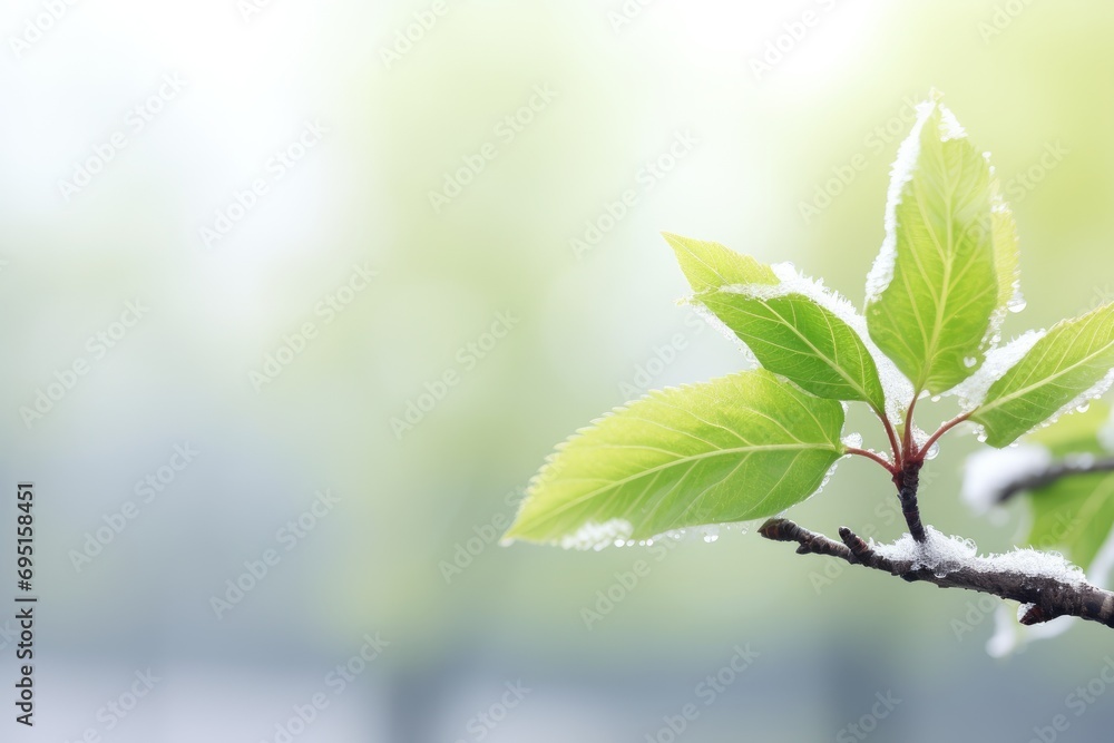 Tree branches with green leaves covered with melting snow. First early snow in autumn. Beautiful spring nature with frozen tree on blurred background with copy space Tree branches with green leaves covered with melting snow. First early snow in autumn. Beautiful spring nature with frozen tree on blurred background with copy space