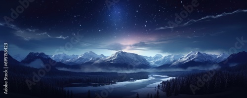 Starry sky over snowy mountains at night in winter. Beautiful landscape with snow covered rocks, blue clouds and star. Mountain valley  photo