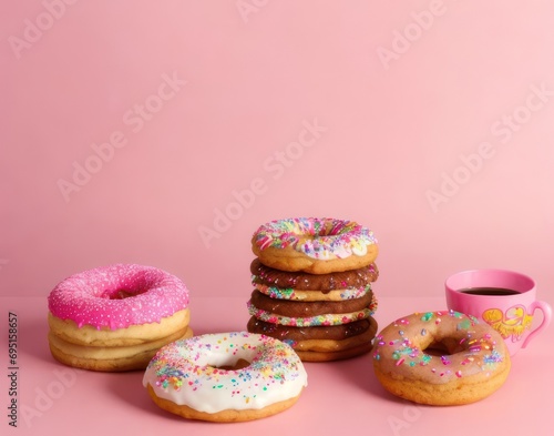 Colorful donuts  on pink background. Sweet food concept.