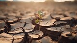 Plant in Dried Cracked Mud. Global Warming and Climate Change Concept
