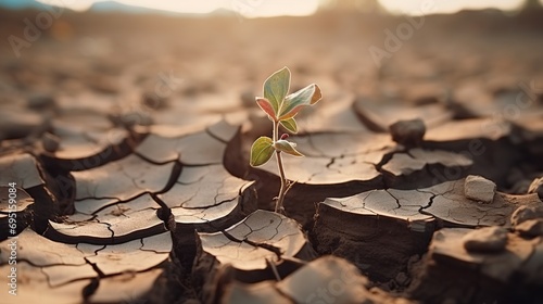 Plant in Dried Cracked Mud. Global Warming and Climate Change Concept
 photo