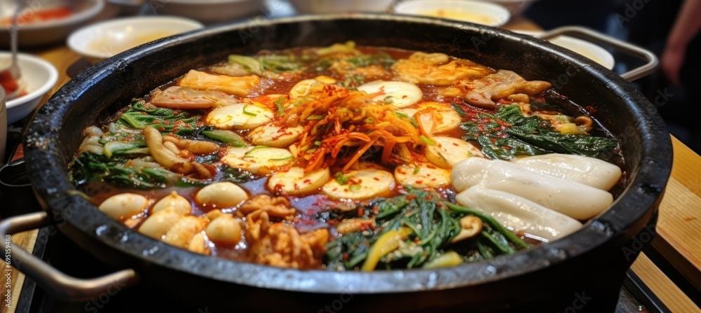 Korean hotpot, asian cuisine with steam in restaurant 