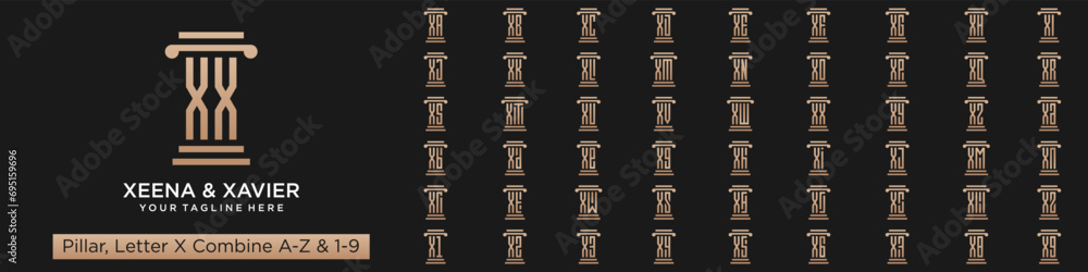set of pillar logo design combined letter X with A to Z and numbers from 1 to 9. vector illustration