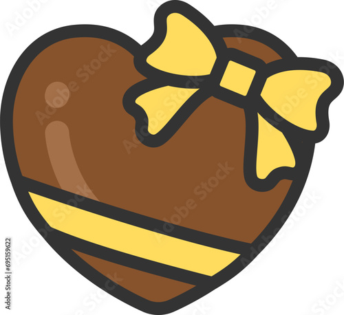 リボンのついた、ハートのチョコレートアイコン（線画カラー）のイラスト