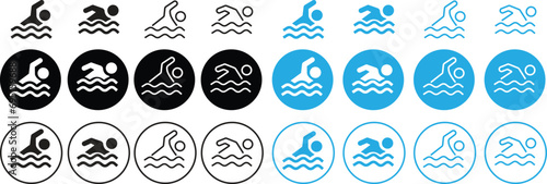 Set of Swimmer icons in trendy flat style with editable stock on transparent background. Swim icons page symbols for your web site designs. Concept of swimming pool, summer competition and more.