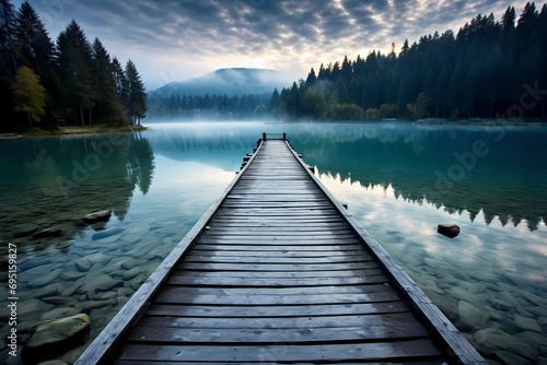 A blue lake with a wooden dock