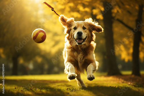 Playful Golden retriever dog jumping and enjoying happily with catching a ball with its paws photo
