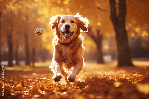 Playful Golden retriever dog jumping and enjoying happily with catching a ball with its paws photo