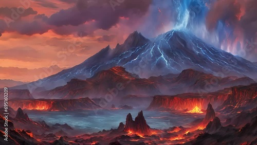 Captivating footage volcanic eruption, blue lava cascades down slopes mountain, painting landscape mesmerizing hues.