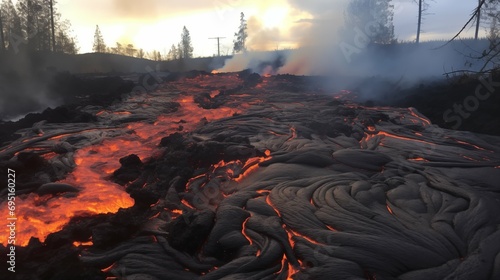Lava Flow Eruption: Captivating Image of Molten Rock Streaming from an Active Volcano