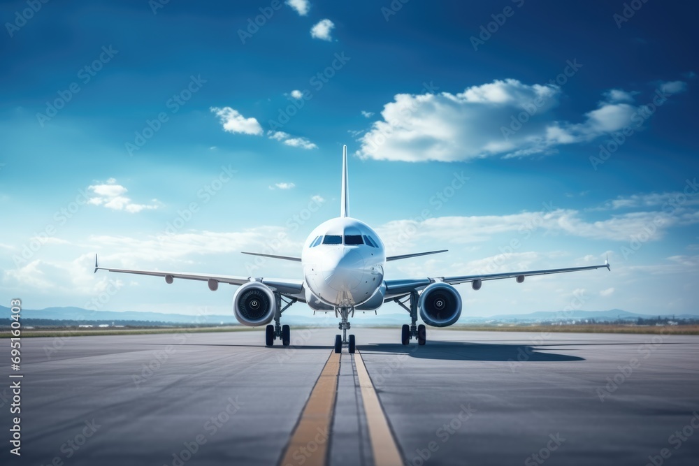 A Boeing passenger plane stands on the runway at the airport. Air passenger transportation A Boeing passenger plane stands on the runway at the airport. Air passenger transportation