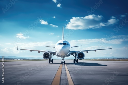A Boeing passenger plane stands on the runway at the airport. Air passenger transportation