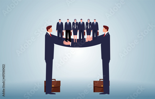 Protecting and defending the interests of team members, business insurance, care or protection in career development, two giants with their hands clasped together protecting a group of businessmen