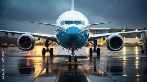 A passenger plane stands at the airport on a rainy day. Air passenger transportation photo