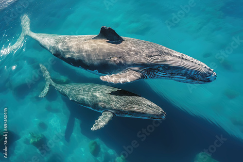 Two whales swimming in the ocean, generative ai © Diana Vyshniakova