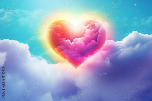 Colorful Rainbow Heart in Sky Clouds, Valentine's Day Celebration and Wedding Concept Illustration Wall Art. Perfect for Valentine's Day, Birthday, Holiday. Copy Space for Banner and Poster