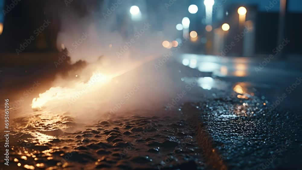Vidéo Stock Closeup of a steam rising from a storm drain, with the glow ...