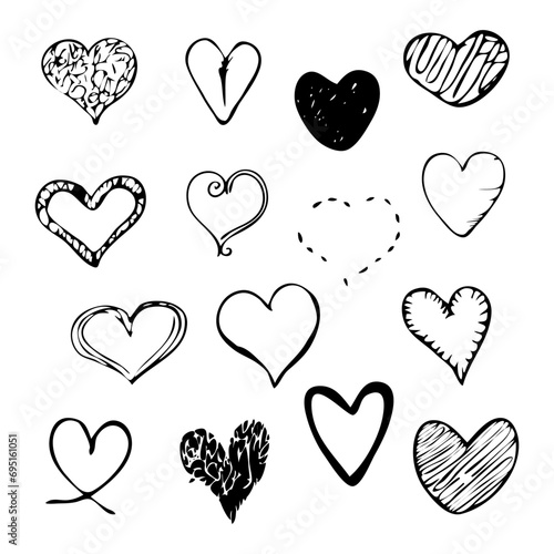 Set of doodle hearts on an isolated background.Valentine's Day hearts.Vector.