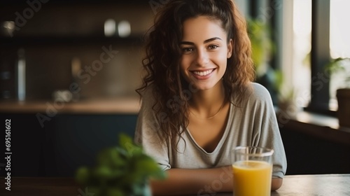 Smiling portrait of young pretty woman enjoying homemade healthy juice at home