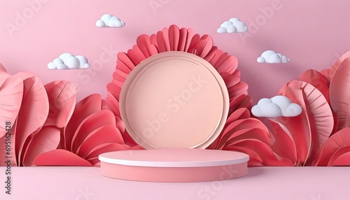 Floral arch and paper flowers, modern fashion design. Shop showcase product display, empty podium, vacant pedestal, photo