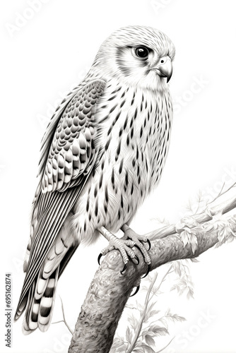 Pencil drawing of a kestrel falcon bird on a branch. bird of prey photo