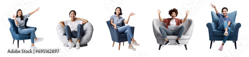 Set of portrait of attractive cheerful young woman sitting in armchair, isolated on white background, png