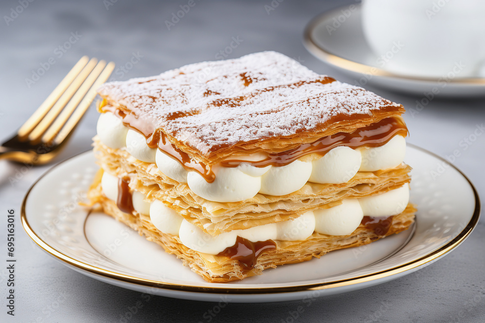 Mille Feuille pastry with cream and caramel drizzle Mille Feuille pastry with cream and caramel drizzle