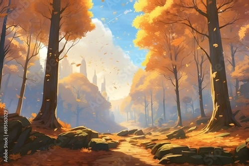 The Essence Of the Auntumn Forest.Rustling Leaves And The Crisp Air. Anime Watercolor Seamless Looping Time-Lapse Virtual Video Animation Background. Forest, Landscape and animation concept. photo