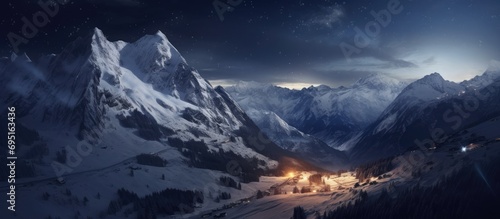 view of snowy mountains at night. photo