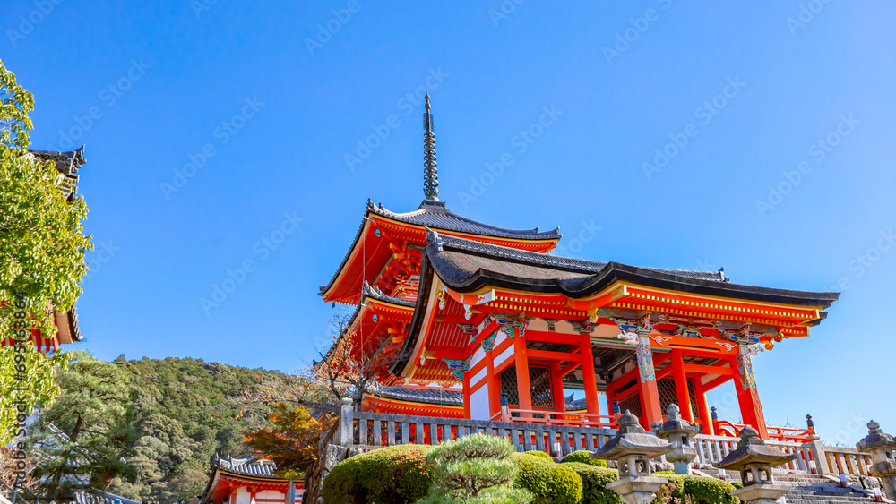 Red pagoda in Kiyomizu-dera temple in Kyoto Japan