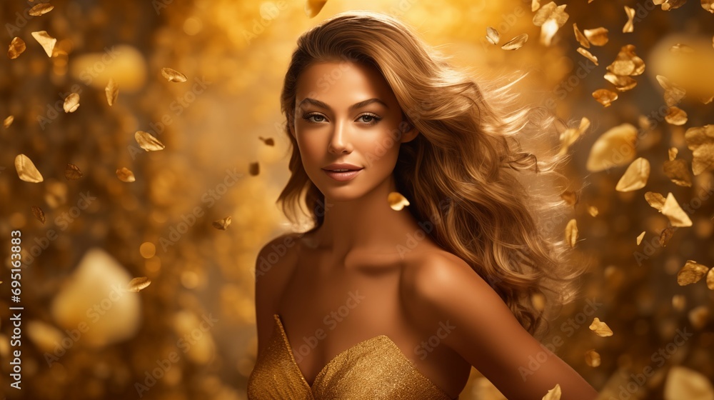 Woman in gold on golden sparkling background