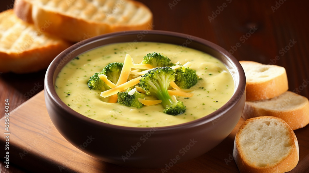Creamy Broccoli and Cheddar Soup with Crusty Bread. generative ai Creamy Broccoli and Cheddar Soup with Crusty Bread. generative ai