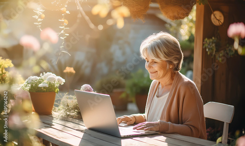 An older lady smiling while using her laptop on the outdoor photo