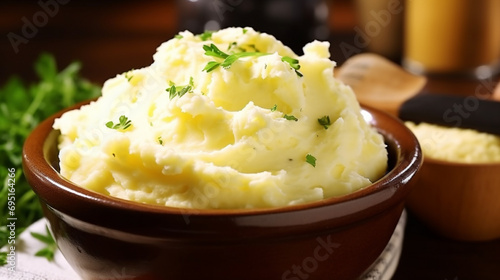 Creamy mashed cauliflower with melted butter and fresh herbs in a bowl. generative ai